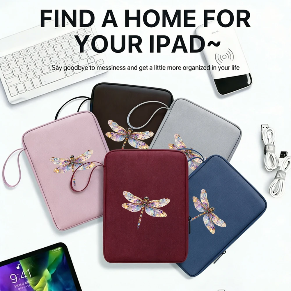 1pc Colorful Diamond Dragonfly Print Tablet Sleeve, Wear‑Resistant Polyester Shockproof Waterproof Bag with Dual Compartments, P