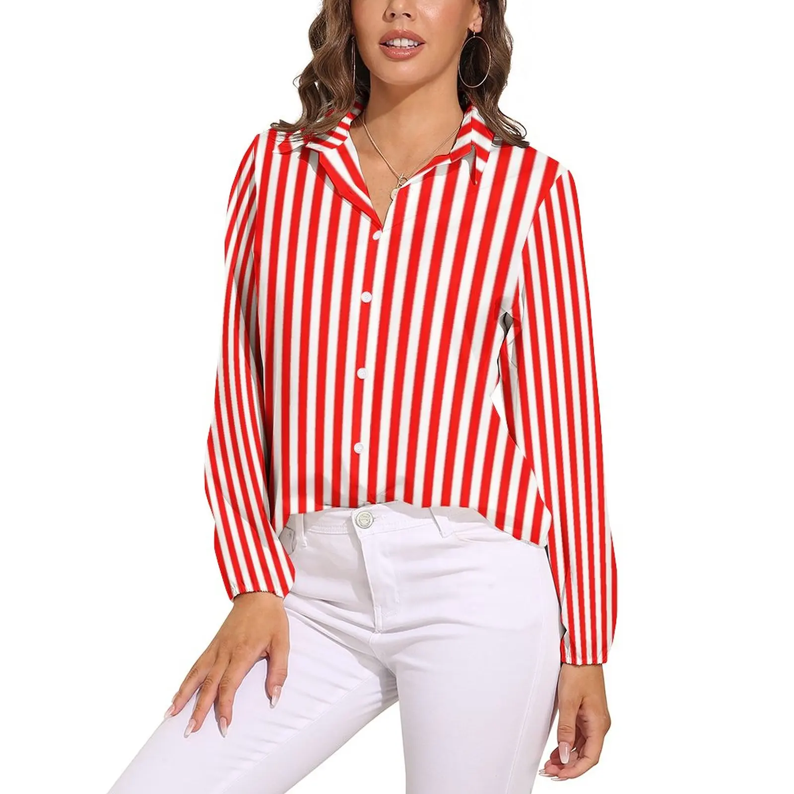 

Red And White Striped Blouse Slimming Stripes Print Custom Blouses Womens Long Sleeve Street Fashion Shirts Oversized Clothes