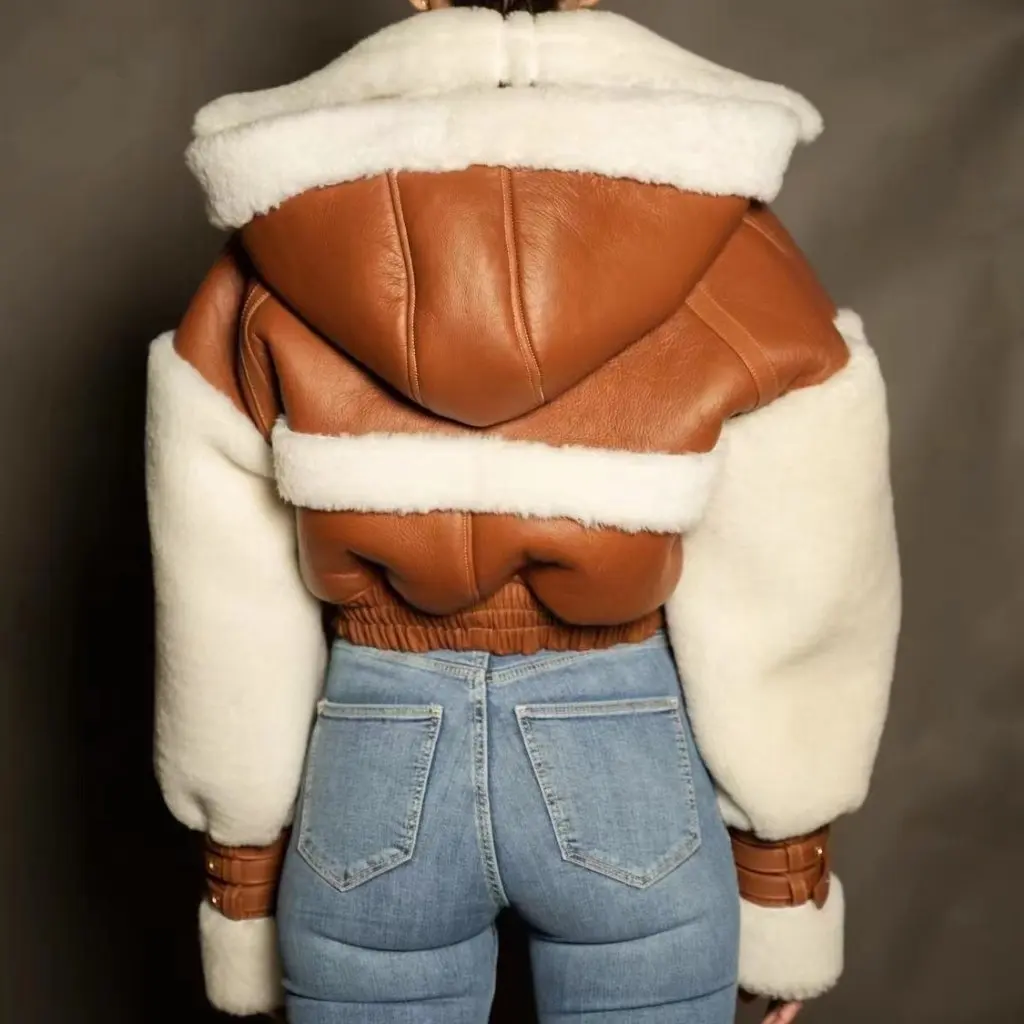 

Women's Winter Fur Short Coat One-Piece Lamb Fur Hooded Motorcycle Jacket American Retro Stitching Contrast Color Top