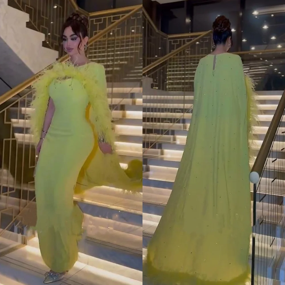 Customized Jersey Feathers Draped Engagement A-line O-Neck Bespoke Occasion Gown Midi Dresses