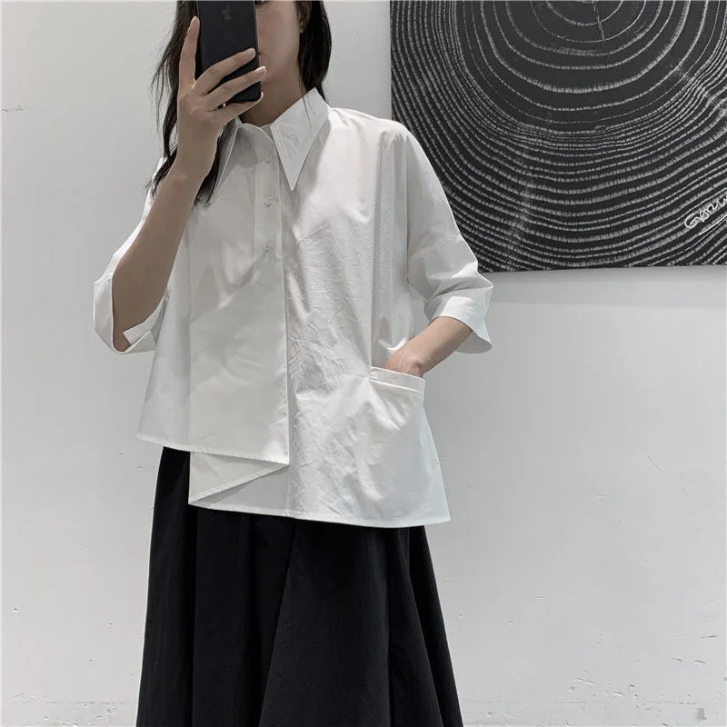 Babyoung Women\'s Blouse Asymmetrical Haruku Japanese Korean Style Black White Shirt Loose Button Up Tops Casual Summer Fashion