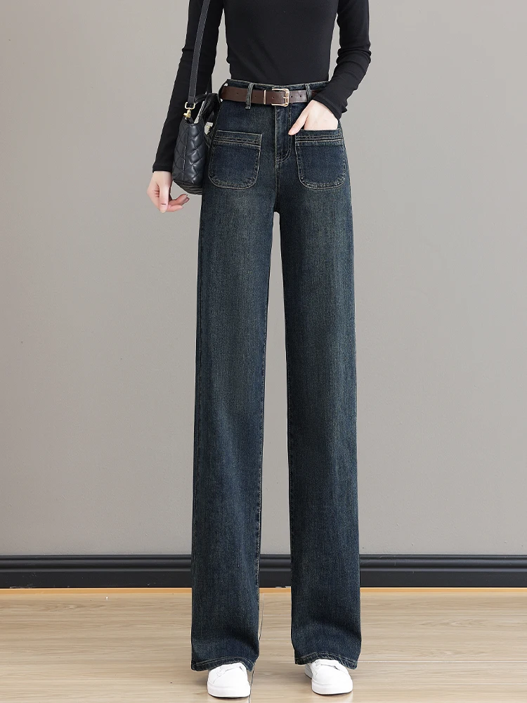 

Retro High Waist Flared Jeans Women's Spring Autumn Winter New Loose Casual Pants Fleece Lined Slim Fit Wide Leg Pants