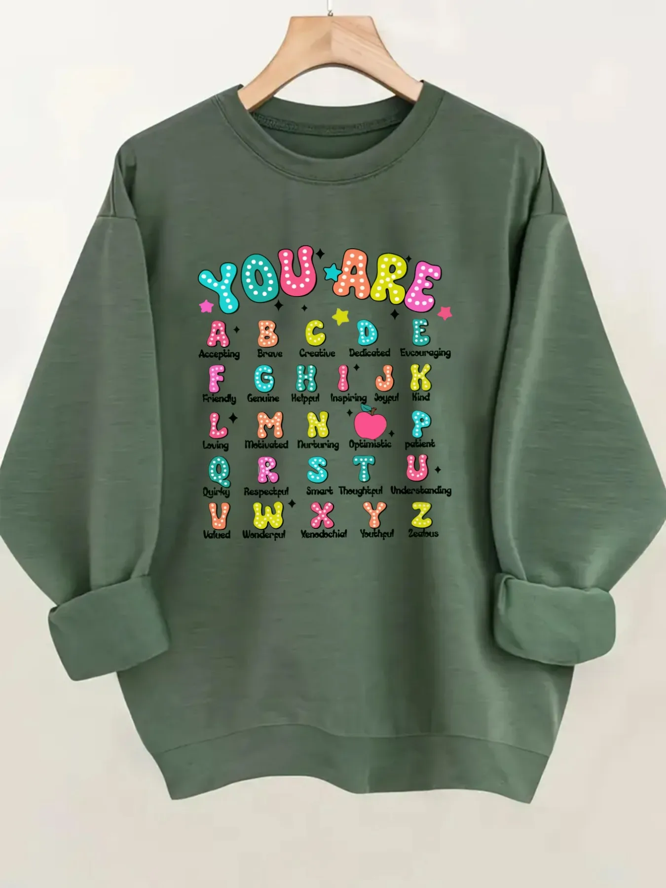 Women's Crewneck Pullover Sweatshirt You Are Alphabet Design, Soft Casual Long Sleeve, Daily Casual Top Outfit, Winter Women's Clothing, Thanksgiving Outfit