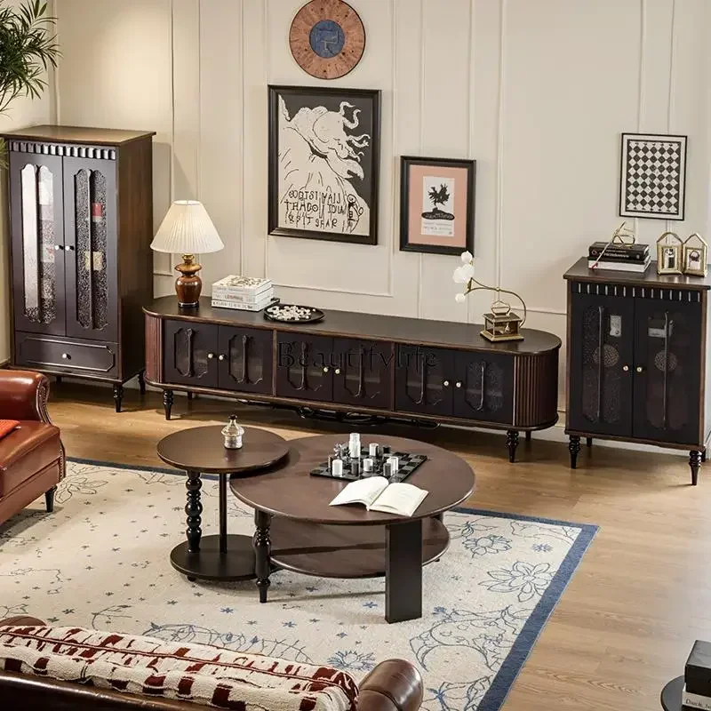 Meja kopi bundar kayu solid gaya abad pertengahan untuk ruang tamu rumah tangga apartemen kecil bergaya retro Prancis