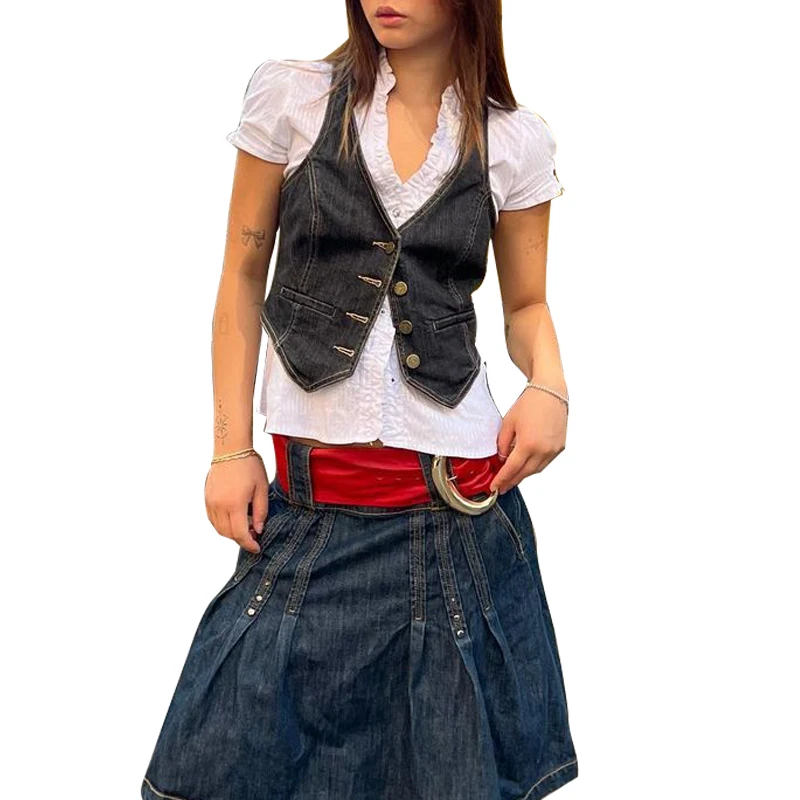 American Korean version of women slim-fit fashion trend single breasted black vintage sleeveless denim vest top