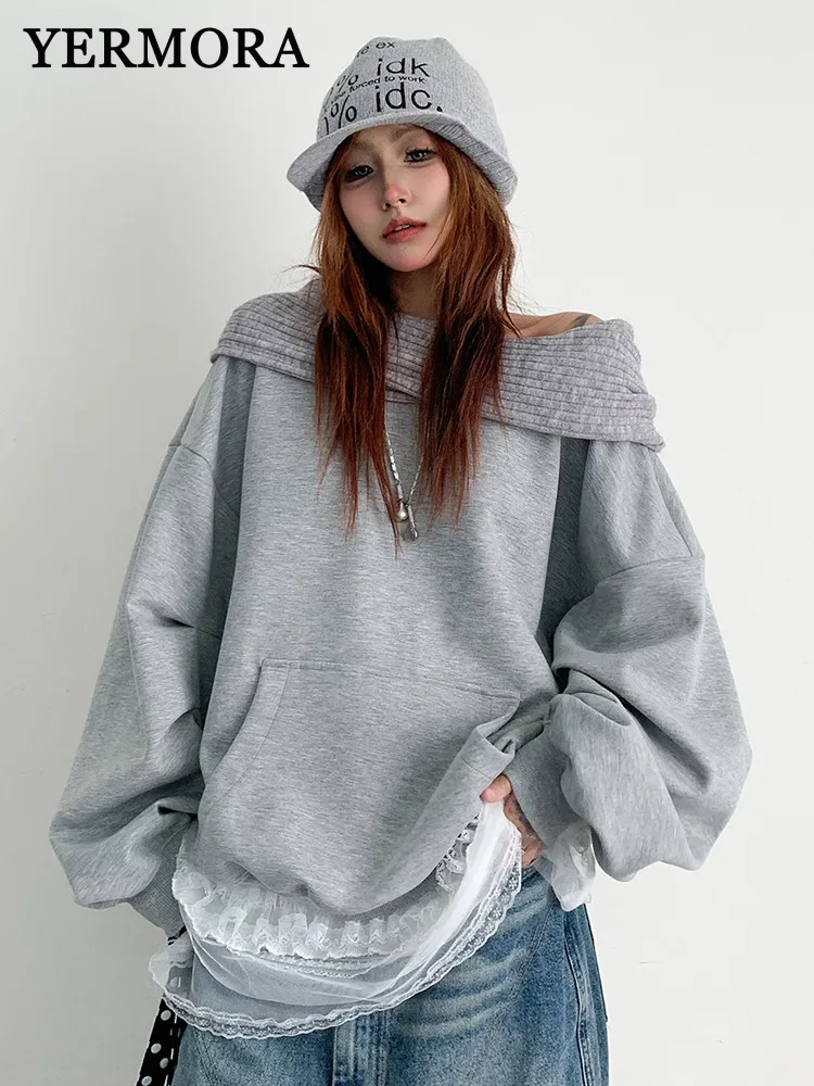 

YERMORA женская серая вязаная толстовка с капюшоном и длинным рукавом, свободная новая повседневная толстовка с капюшоном, модная весна-осень 2025