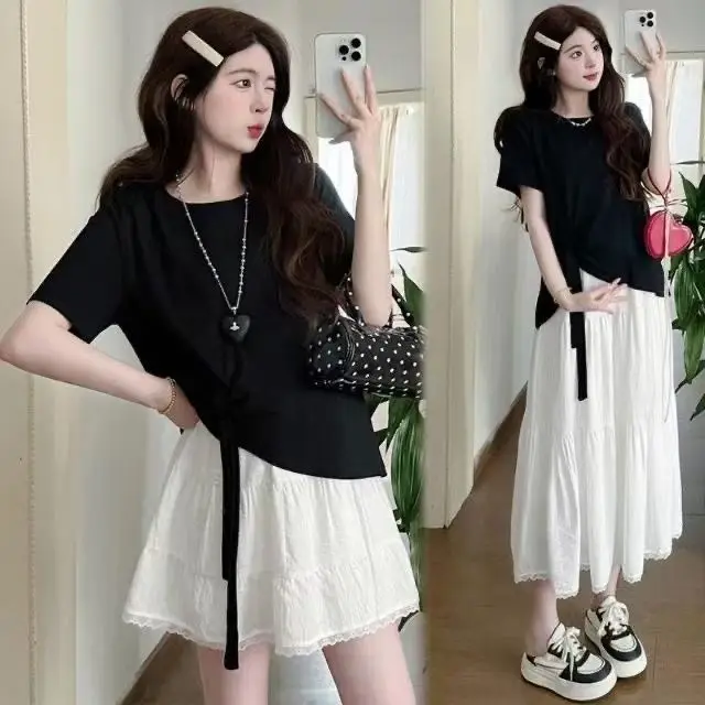 

plus Size Summer Outfit Women Loose Short Sleeve T-Shirt Half Skirt Two Piece Set Meat Covering Fashionable Casual Wear