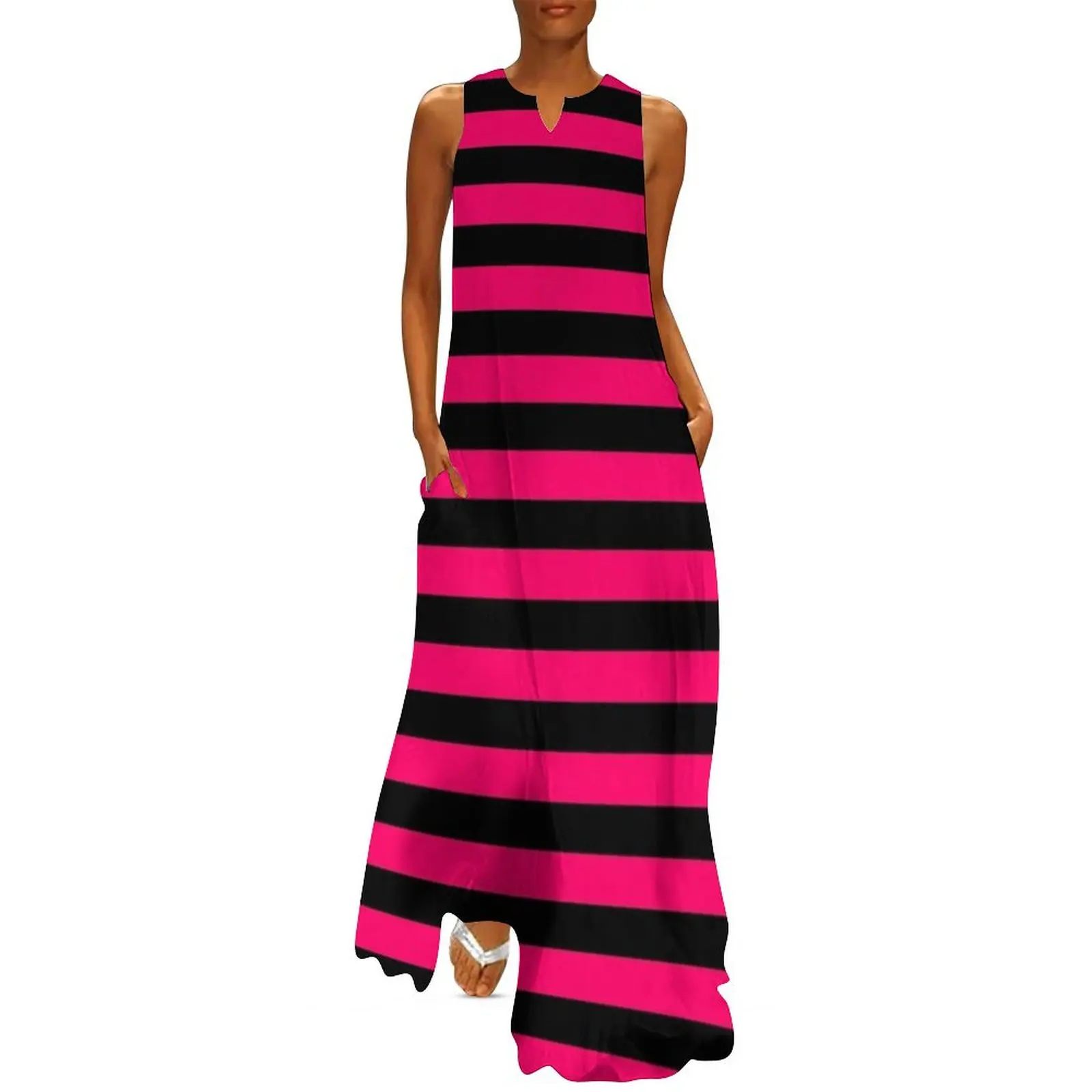 Bright Fluorescent Hot Pink Neon and Black Horizontal Stripes Long Dress cocktail dresses clothes for women