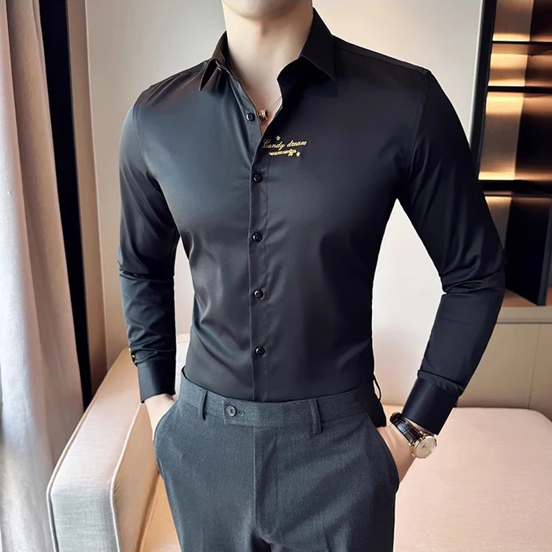 Men Embroidery Shirts Luxury Brand High Quality Business Slim Long Sleeve Mens Dress Shirt Party Street Wear Korean Blouse Man