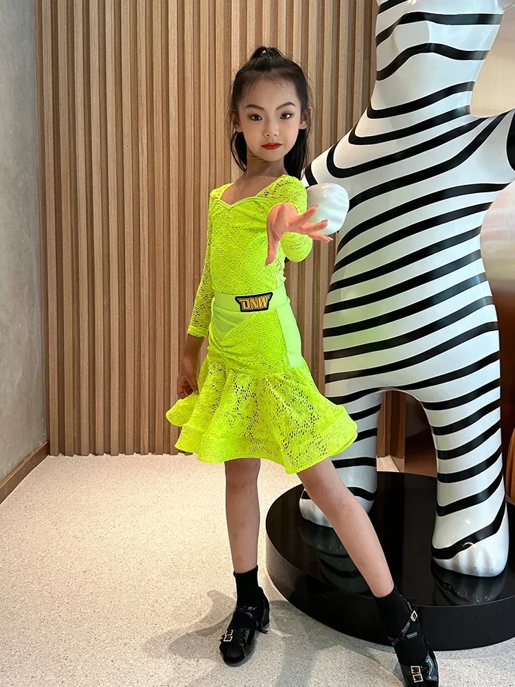 蛍光黄色ラテンダンスドレス子供競技衣装ボディスーツスカート女の子チャチャダンスパフォーマンスウェア DL11435