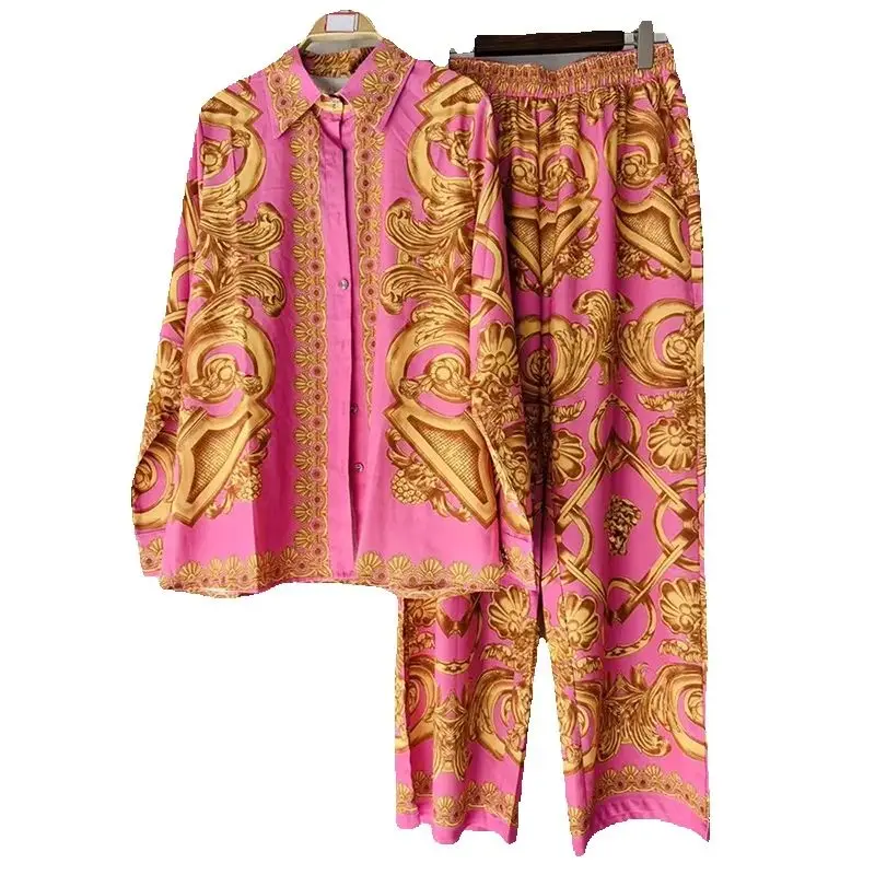 Lente 2026 dames retro geometrisch print revers recht shirt tweedelig pak + wijde broek in grote maat, modieus pak - afbeelding 2