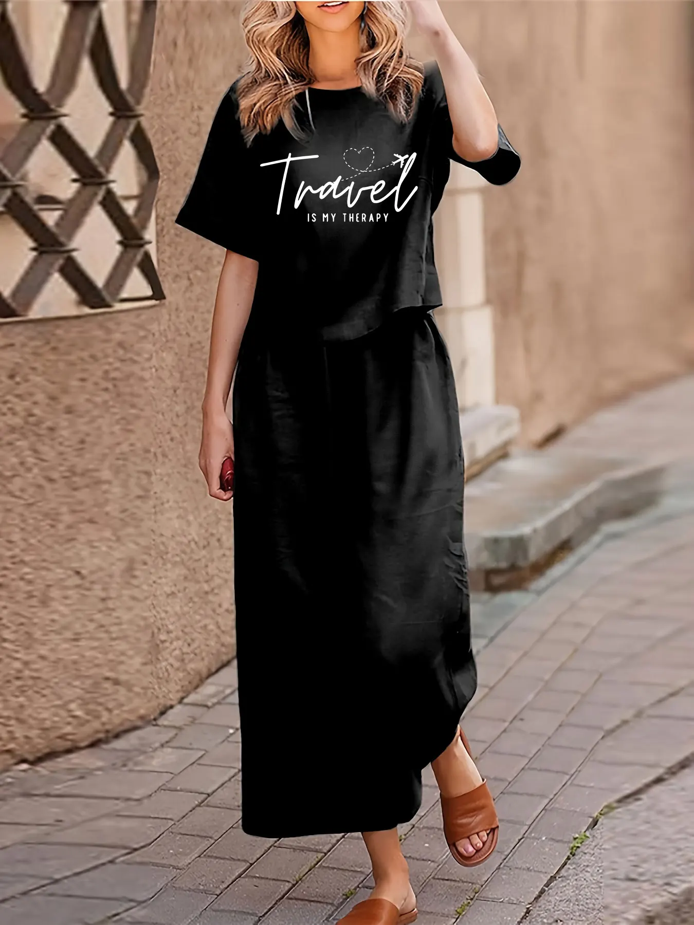 

Женский повседневный комплект из двух предметов больших размеров, футболка с короткими рукавами и принтом, брюки, комплект из двух предметов, свободный круглый вырез