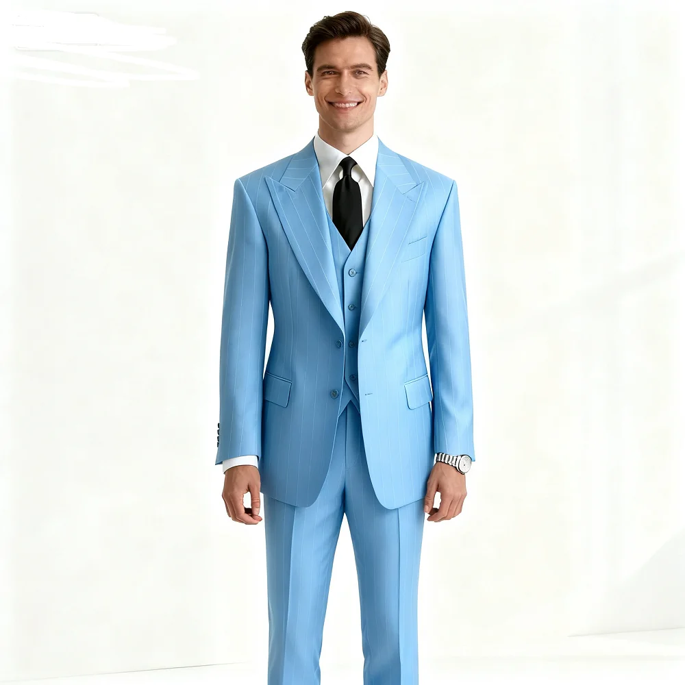 

Men's Classic Terno Suit Dark Grey Stripe Formal Office Wedding Groom 3-Piece Blazer Vest Pants Set Business Attire