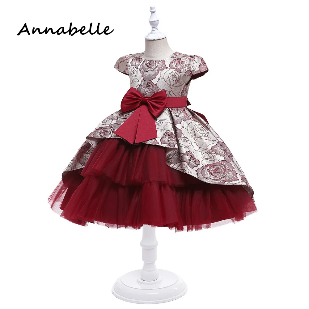 Annabelle Flower Girl Long Dress Puffy Lace Flower Baby Wedding Cute Bow Dress Priness Girl Bow Birthday Party Dress 2024 New