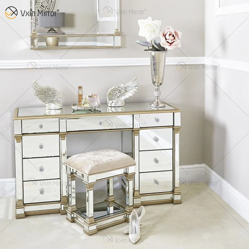 

Silver Dressing Table champagne Gold Mirror Luxury with 9 Drawer Morden Home Decoration for Bedroom