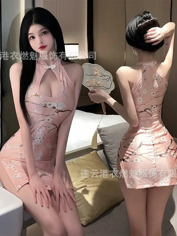 Nuovo abito sexy intimo diviso senza maniche stampato cheongsam discoteca stretto abito uniforme elegante dolce donna top