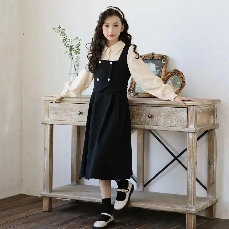 Urocze dziewczęce bluzki i sukienki w stylu kawaii, studenckie, na wiosnę i jesień, codzienne koszule z kołnierzykiem, spódnice w kształcie litery A, imitacja dwuczęściowej odzieży dziecięcej.