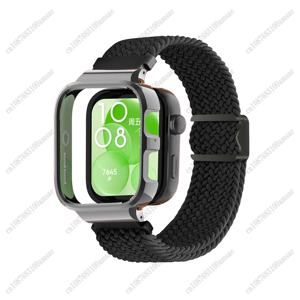 حزام بإبزيم مغناطيسي لساعة Huawei Watch Fit 3 سوار رياضي مضفر بحلقة منفردة لساعة Huawei Watch Fit 3 حافظة معدنية + حزام ساعة من النايلون