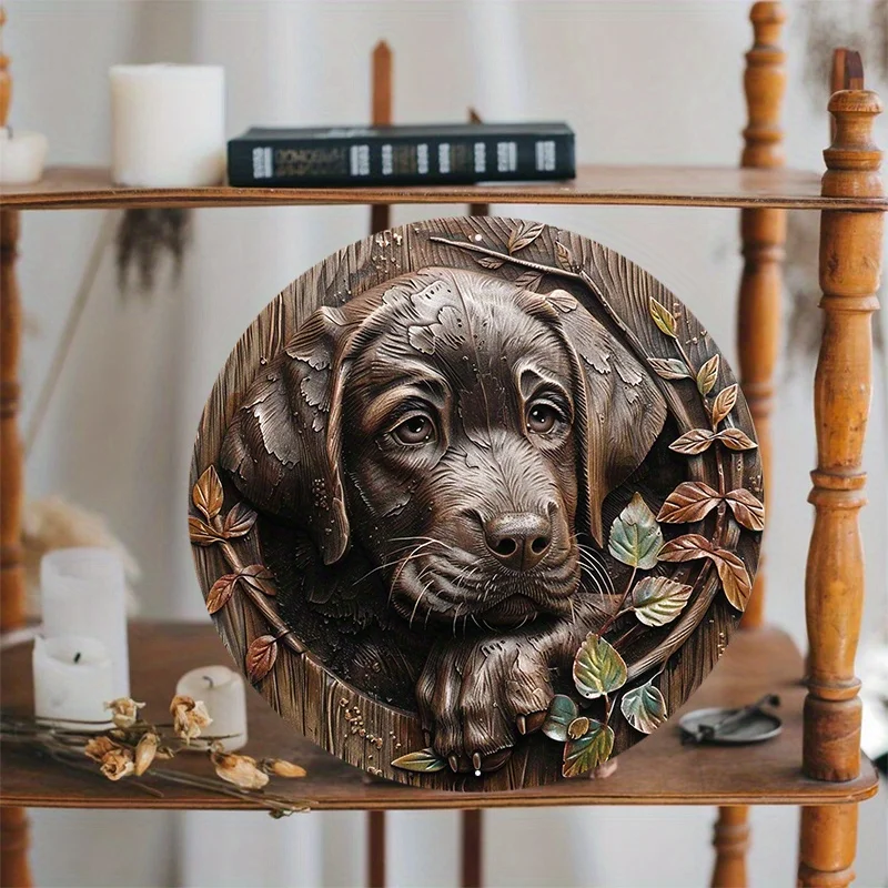 Aluminum Circular Metal Sign Plaque, Dog Decoration, Labrador Puppy Wood Plaque, Engraved Chocolate Lab, 8x8Inch, 1Pc