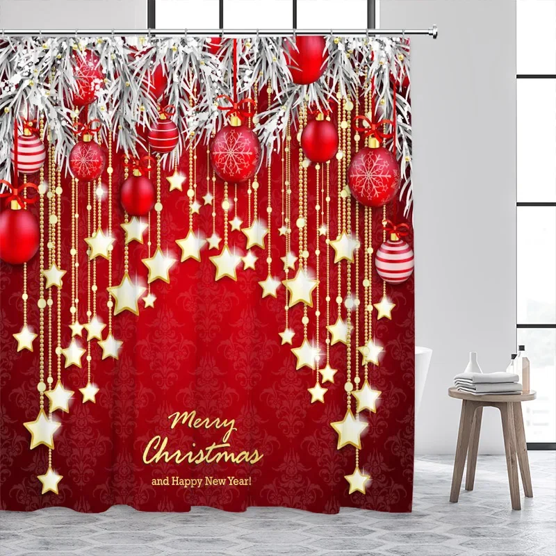 Red Christmas Shower Curtains Silver Pine Bough Xmas Balls Gold Stars New Year Home Bathroom Decor Bath Curtain Set With Hooks