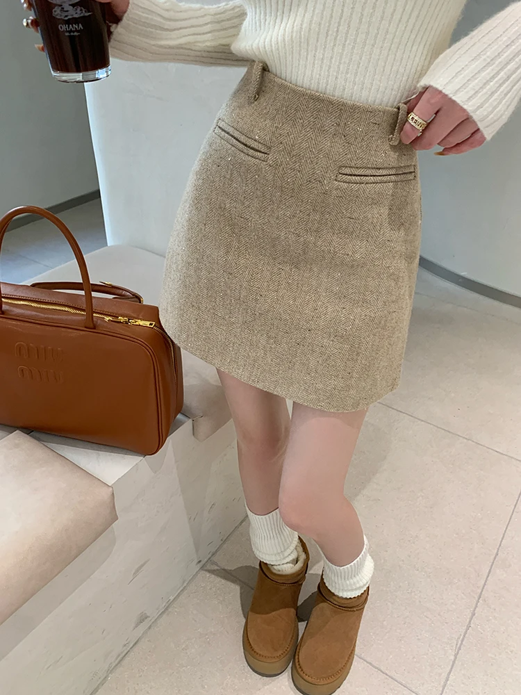 

Chen Dayu Women's Thiened Woolen A-Line Skirt High Waist Bodycon Skirt ort Skirt Korean Sle Commute Pure Color