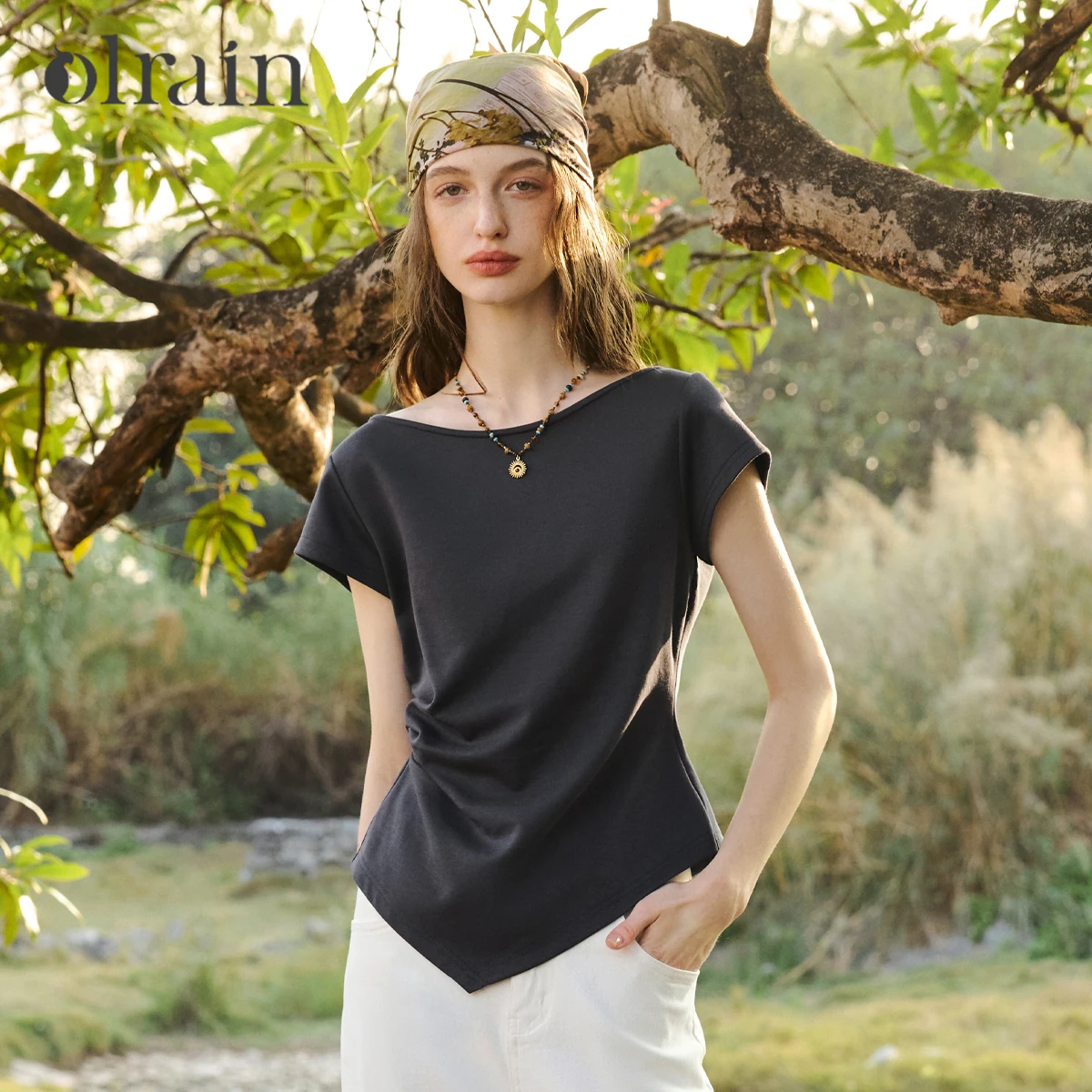 

OLrain Women' s Casual Tee Gray Waist Pleated Short Sleeve Off Shoulder T-Shirt 2026 Summer New Top Daily Outfit O58XT005289