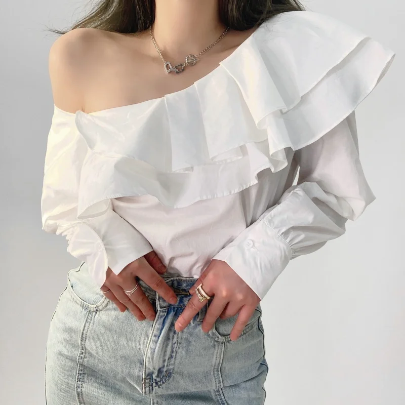 New Long Sleeve Women Blouse Ruffle White  Lantern Sleeve Tops Off Shoulder Sexy Shirt Elegant Cotton Clothing