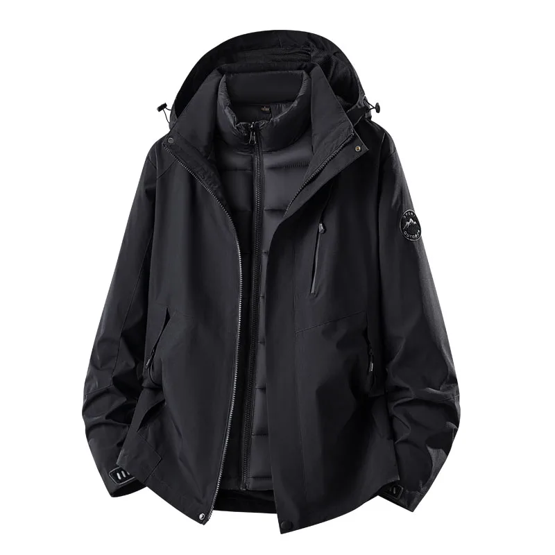 Unisex 3-in-1 Kapuzenjacke mit abnehmbarem, gepolstertem Innenmantel, farblich abgesetzte, wasserdichte, winddichte Jacke mit Reißverschluss für Männer und Frauen zum Wandern und Camping. – Detail 9