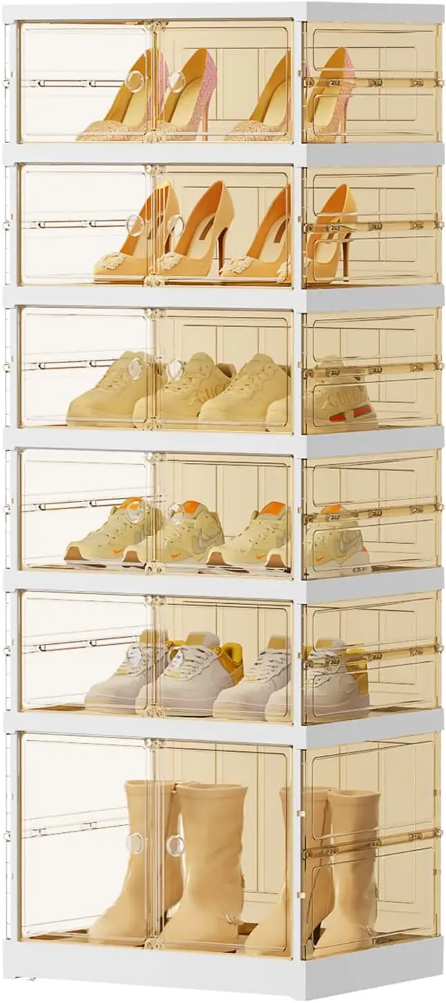 

6 Tiers 6-12 Pairs Foldable Shoe Boxes Large Plastic Shoe Storage Rack Collapsible Shoe Organizer For Closet Tall Shoe Shelf