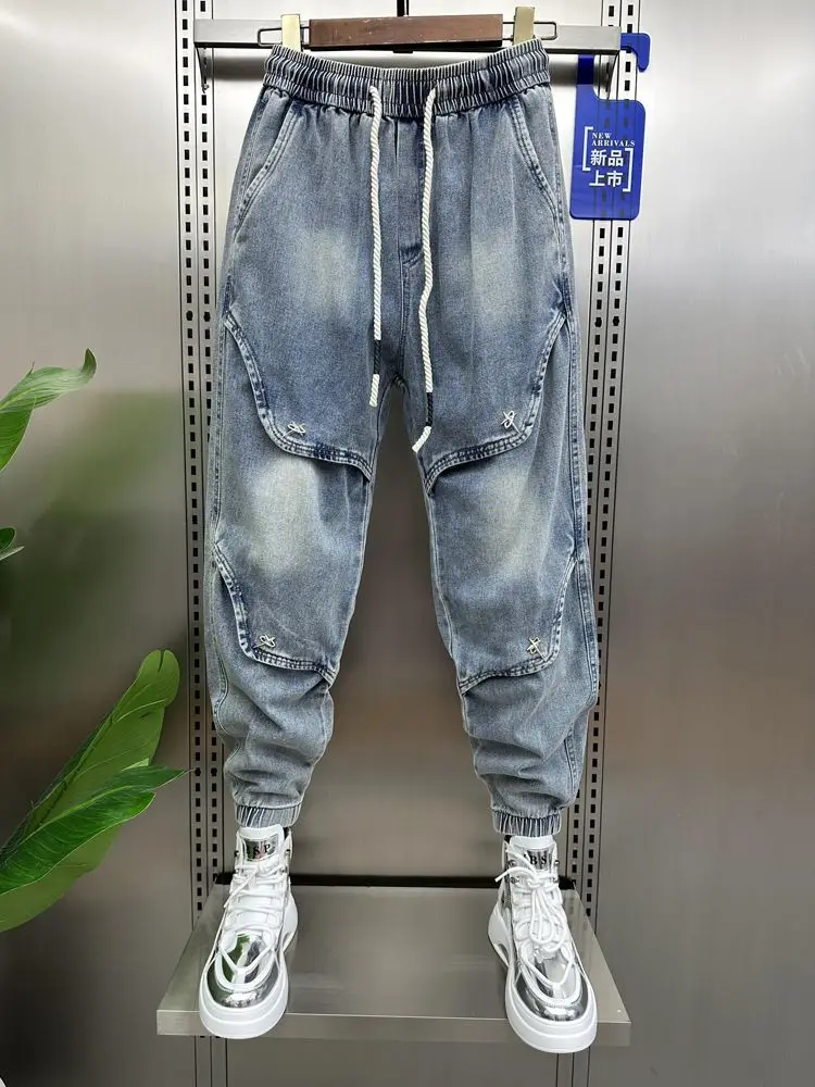 Hip Hop Pleated Street Pants Cross Embellishment Hip Hop Harajuku Blue Jeans Luxury Brand Men Trousers