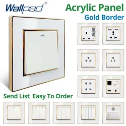 Wallpad US UK Sockets And Switches 220V White Acrylic Panel With Gold Edge USB Charge Port Outlet 1 2 3 4 Gang 2 Way Reset 3 Way