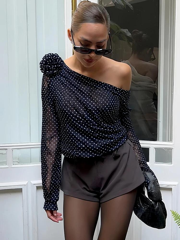 Oniflyme Szyfonowe Bluzki w Kropki z Nadrukiem dla Kobiet Eleganckie Bluzki z Odkrytymi Ramionami z Długim Rękawem Przezroczyste T-shirty Streetwear Seksowne Bluzki o Nieregularnym Kroju