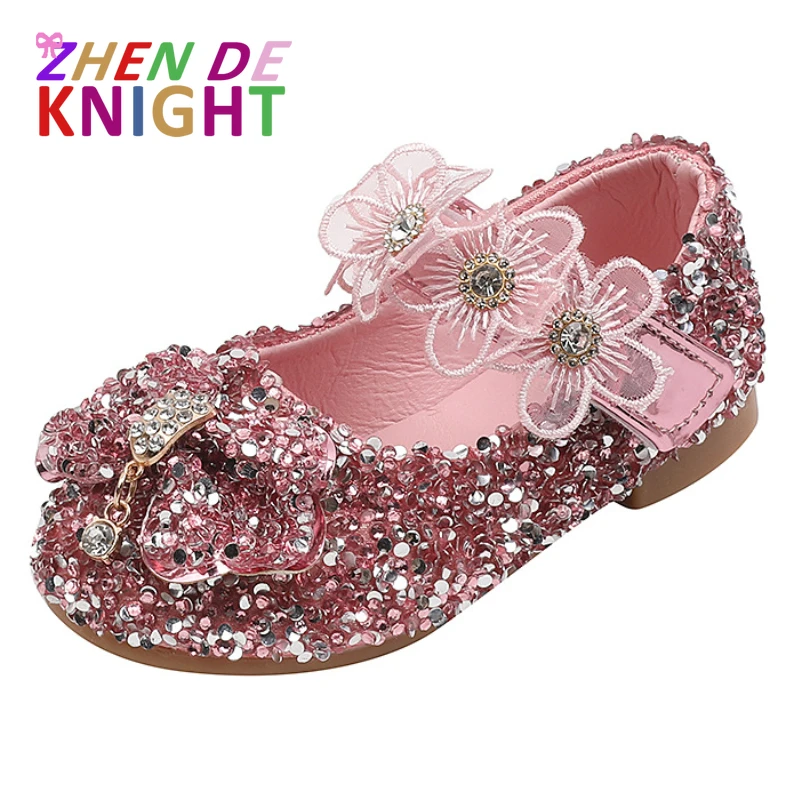 

2023 Spring New Baby Girls' Crystal Princess Shoes Fashion Sequin Bow Flower Girl Leather Shoes Size 21-30