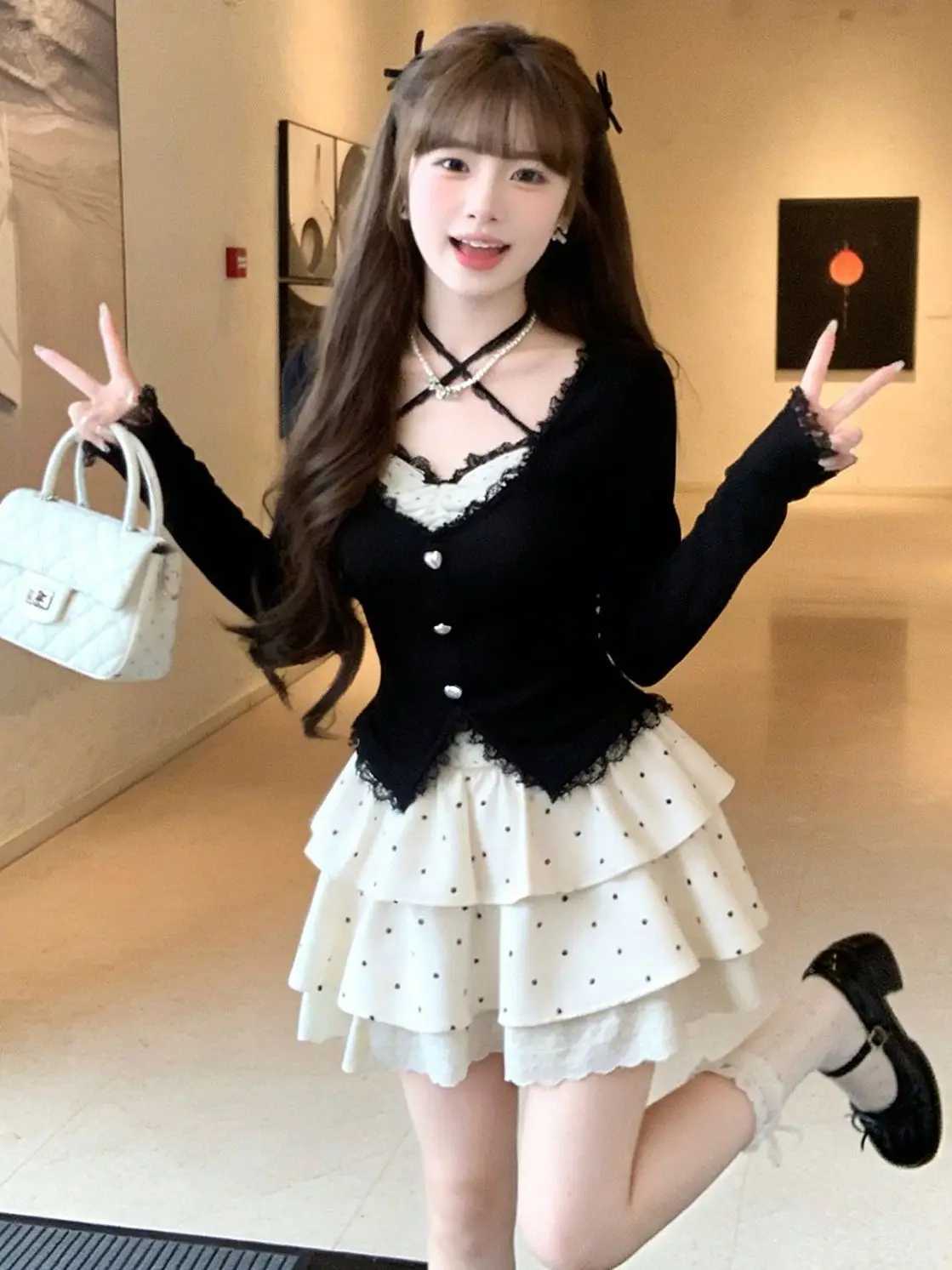 Sweet Girl Miu Style Polka Dot Cake Skirt Set Autumn Winter Fashionable Small Size Dots Pattern High Waist Short Length Suit