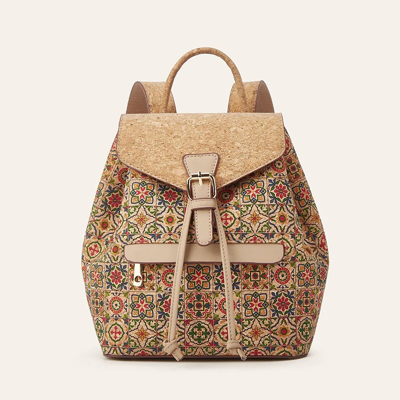 

Ретро-сумка-рюкзак из пробковой кожи с принтом национальных цветов, вместительная, с клапаном, через плечо