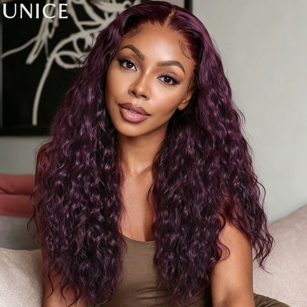 

UNice Purple Black Cherry Water Wave Human Hair Wig With Invisi Drawstring 13x4 Lace Frontal Wigs Peel & Stick Glueless Wig