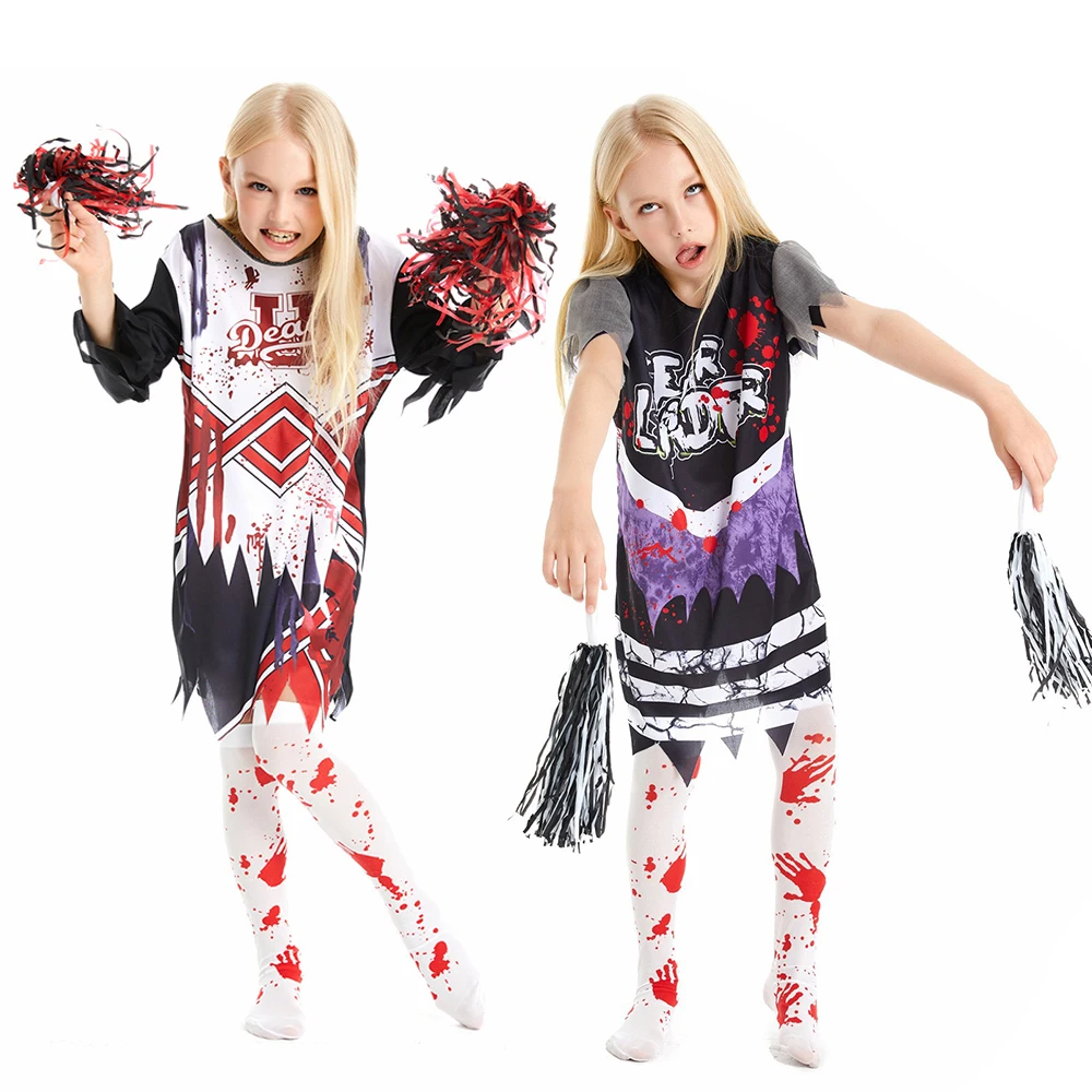أزياء الهالوين Meisje Zombie Cheerleading Maskerade Kostuum Bloedkousen Uniform Kinder Halloween Thema Feest Cosplay Kostuum