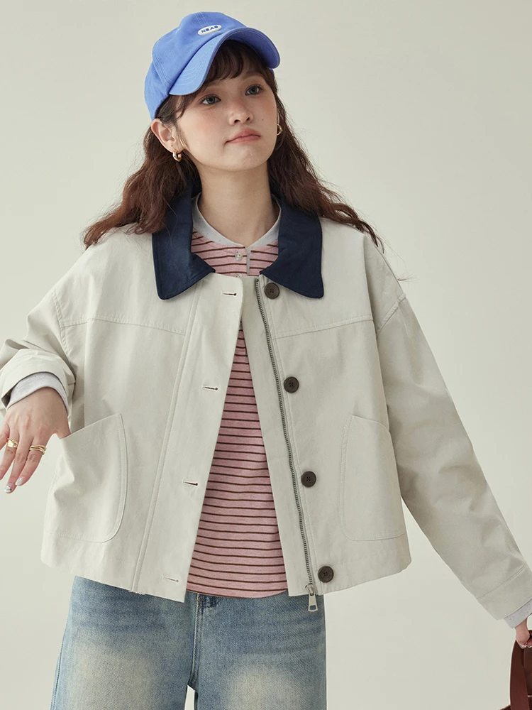 

Женская весенняя новинка North Island AMUU: топ из чистого хлопка с молнией и пуговицами, воротник с цветными вставками, эффект омоложения