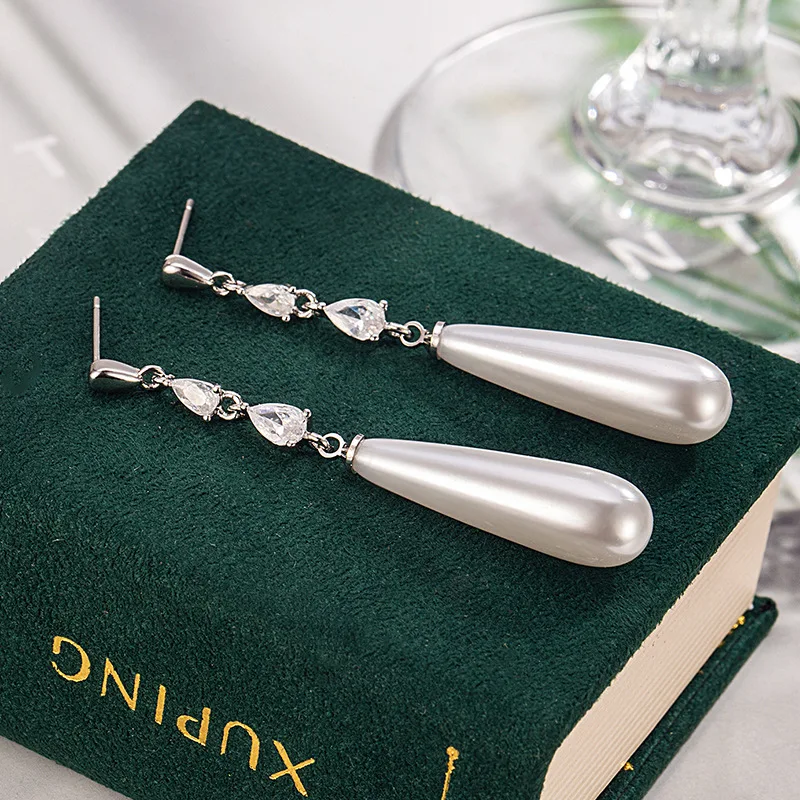 925 เงินสเตอร์ลิงยาว Waterdrop ต่างหูมุกสําหรับผู้หญิง Christmas Party ของขวัญเครื่องประดับเจาะ Aretes De Mujer