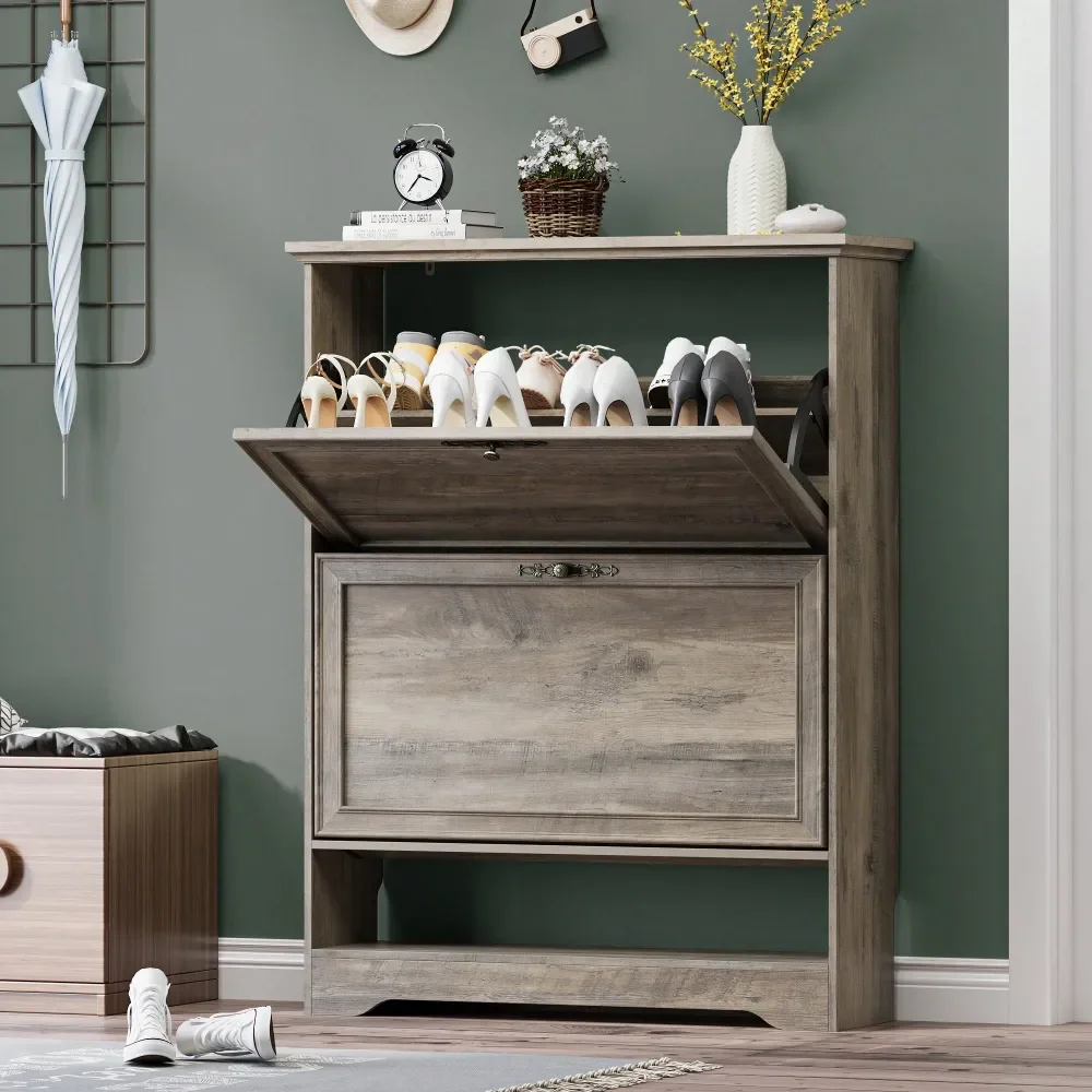 

Cabinet For Entryway, Slim Shoe Storage Cabinet With Adjustable Shelves, Wooden Rack And Organizer For Small Spaces, Closet, Ha