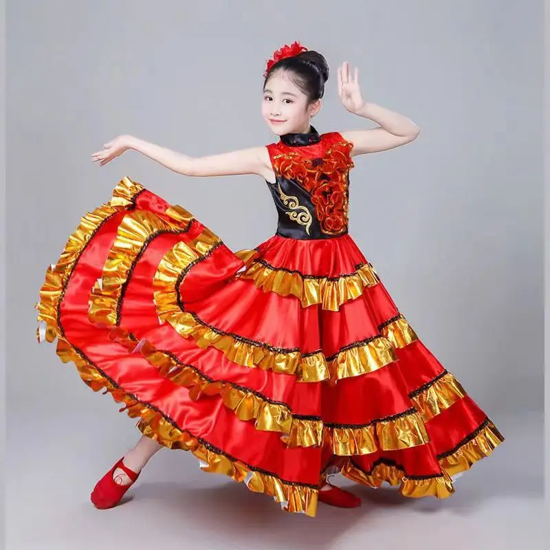 Children Spanish Flamengo Dress for Girl Bullfighting KIds Belly Dance Costume Ballroom Gypsy Chorus Stage Performance Vestidos