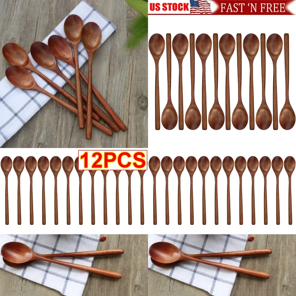 

12 Piece Wooden Spoon Set Natural Eco Friendly Japanese Style Tableware Oval Wood Soup Spoons Sustainable Kitchen Utensils
