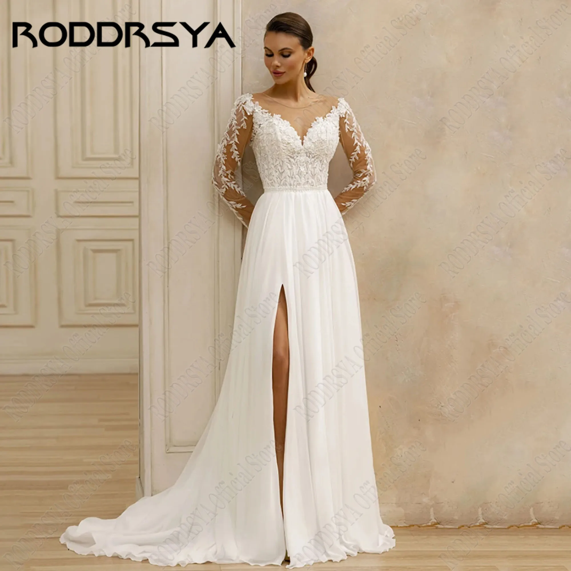 

RODDRSYA Wedding Dresses Long Sleeves Chiffon O-Neck Bride Gowns For Woman 2024 Beading A-Line Side Split Backless Plus Size