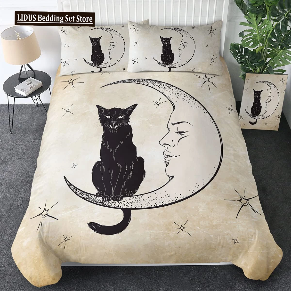 Witch Black Cat Duvet Cover Set Full,Cat Sitting On Moon Bedding Set Vintage Gothic Animals Cat Comforter Cover 2/3pcs Bed Sets