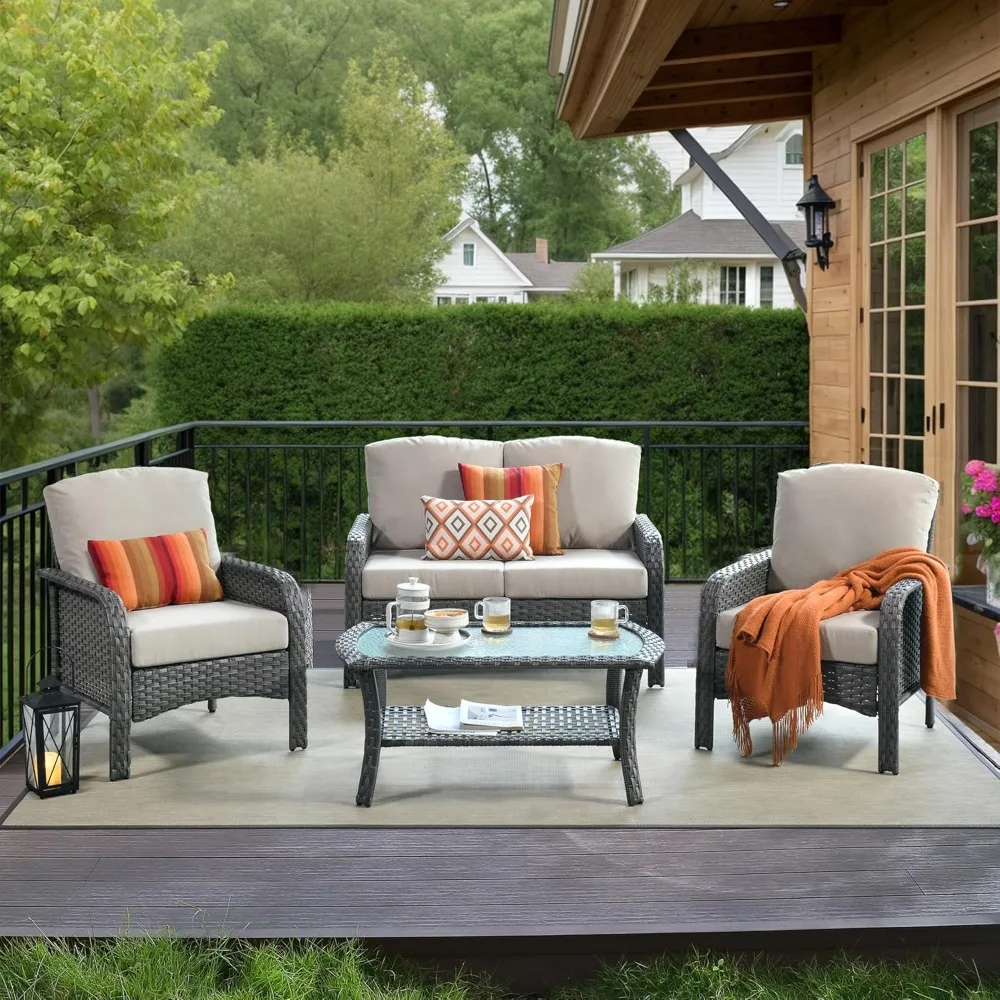 

Patio Furniture Set,4 Pieces Outdoor Conversation Set,All Weather Wicker Loveseat Sofa Set with High Back Chairs Table,Beige