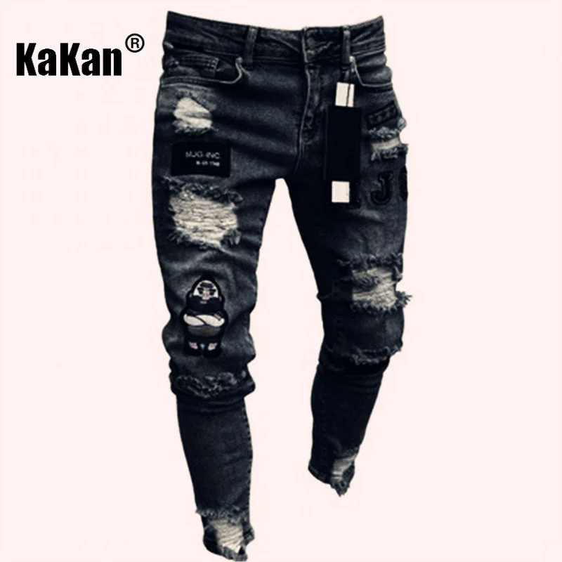 Kakan European and American High-quality New Long Jeans Men\'s Elastic Tight Jeans, Hole Badge Slim-fit Pants Jeans K14-881