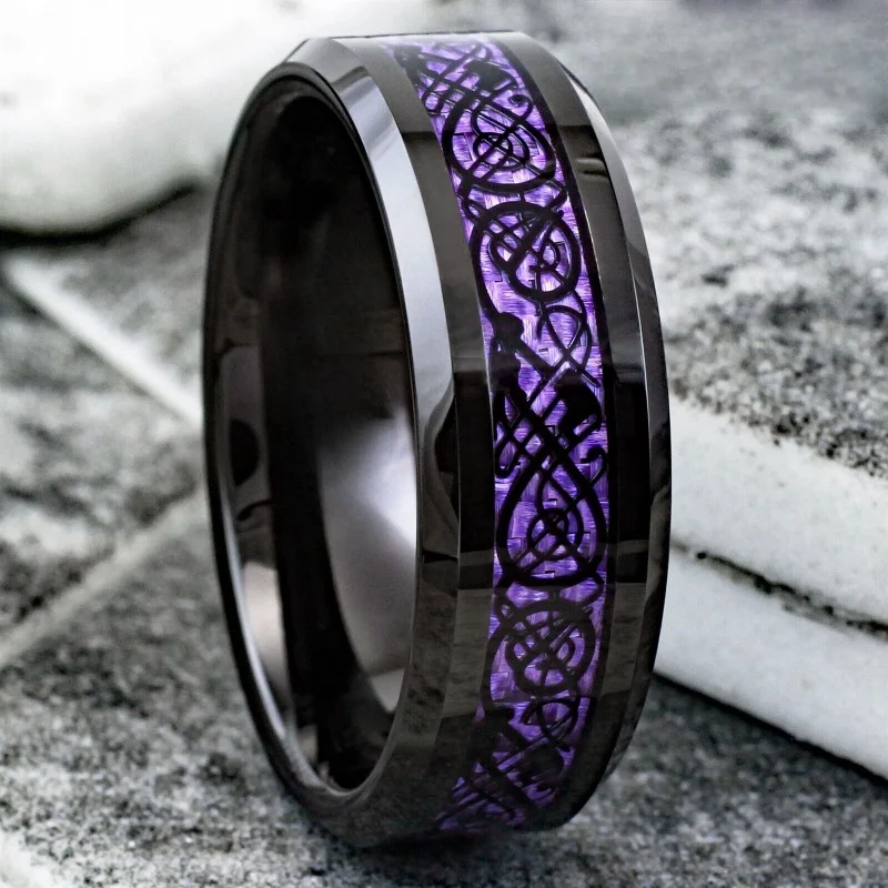 8Mm Black Tungsten Carbide Purple Carbon Fiber Celtic Dragon Wedding Band Ring