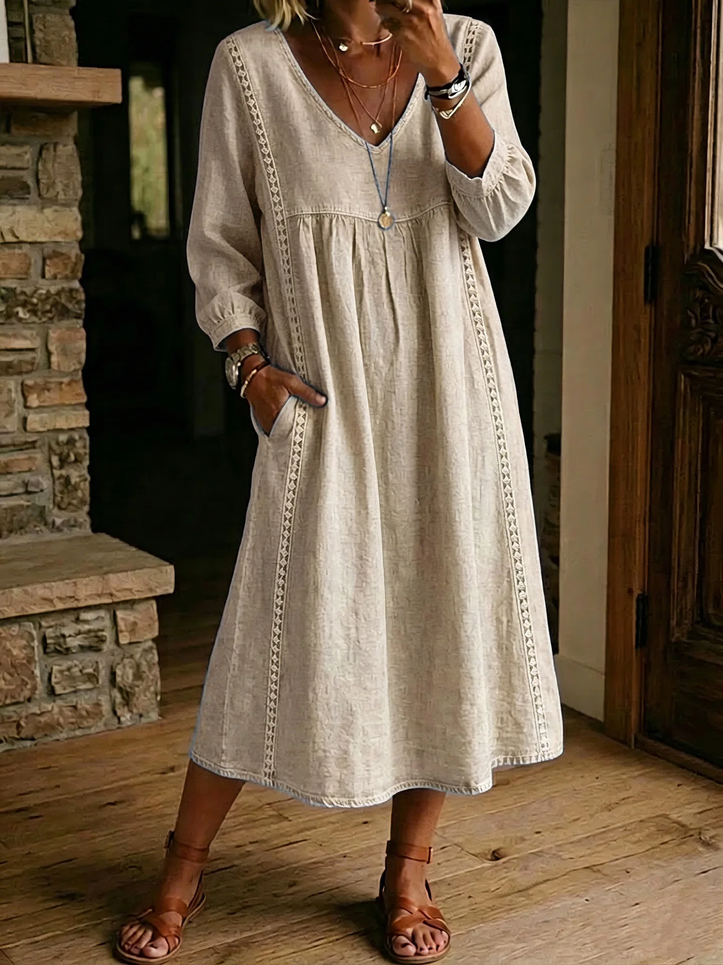 Vintage Solid Color Cotton Linen Dress Women Loose Flowy Midi Dress 3/4 Sleeve V Neck Pocket Casual Daily Vacation Resort Wear L view 5