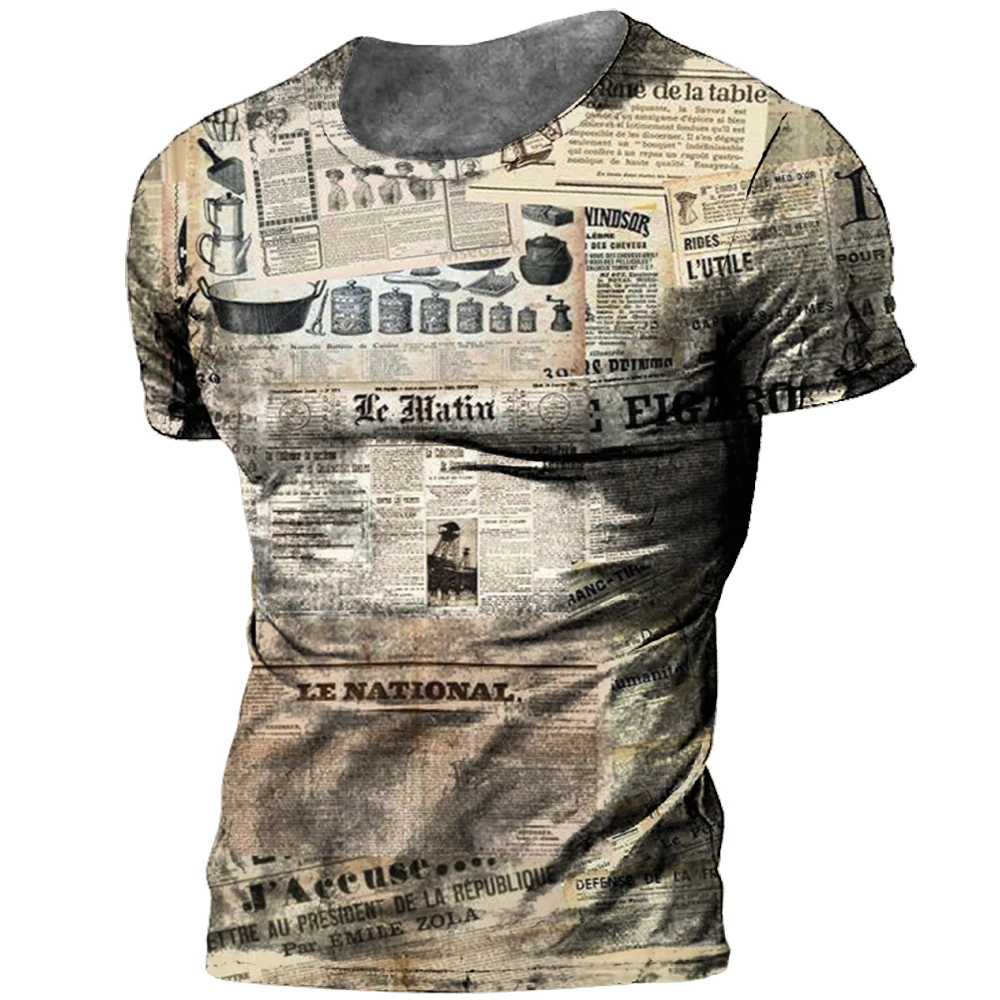 Newspaper Classic Vintage 3D Printed Men's And Women's Simple Art Casual Round Neck Short Sleeve Summer Slim Daily T-shirt Tops