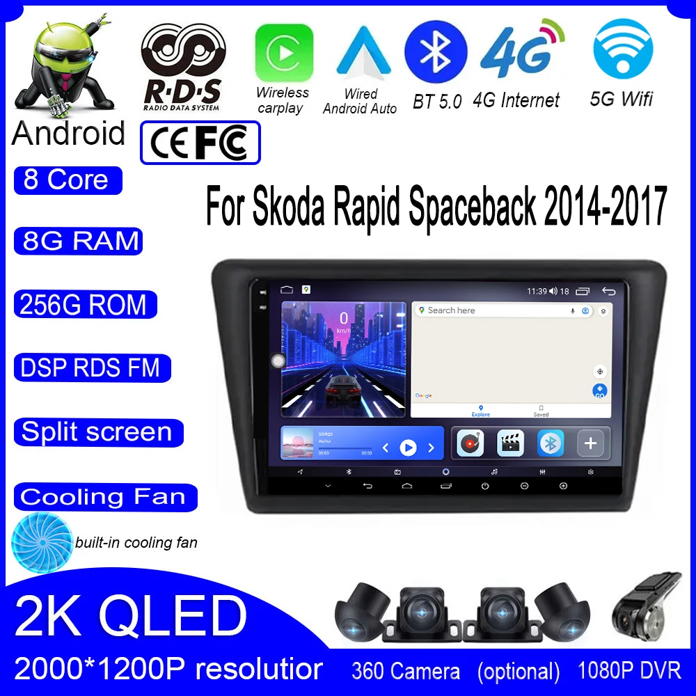 

9 Inch Android 14 For Skoda Rapid Spaceback 2014-2017 4G+WIFI Car Radio Video Multimedia Carplay Navigation GPS Stereo player